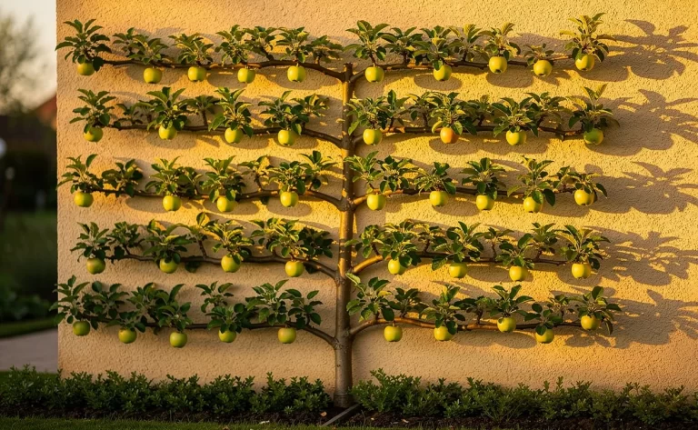 Un pommier palissé longe un mur de jardin baigné de lumière matinale, avec des rangées d’apples et de feuilles vertes bien taillées.