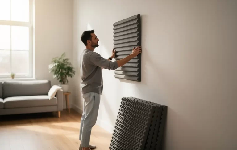Une personne pose des panneaux d’insonorisation sur un mur intérieur d’appartement moderne, éclairée par la lumière du jour entrant par une fenêtre.