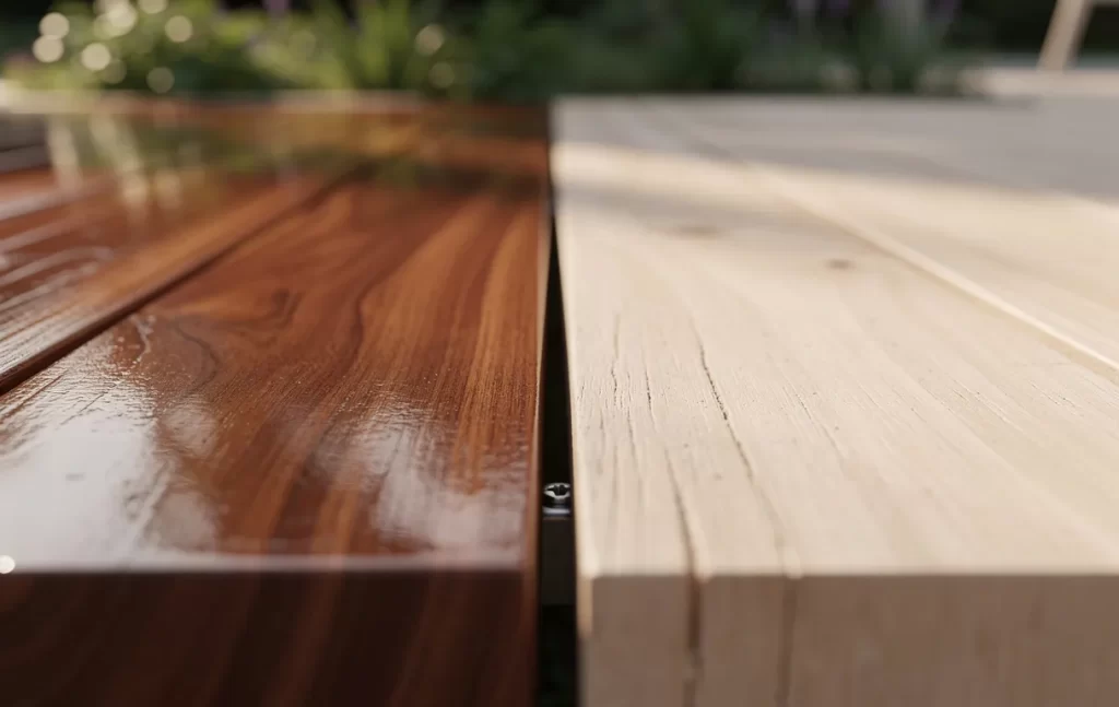 Deux terrasses en bois côte à côte, l'une avec une finition lasure lisse et brillante, l'autre mate et naturelle, éclairées par une douce lumière d'après-midi avec un jardin en arrière-plan.