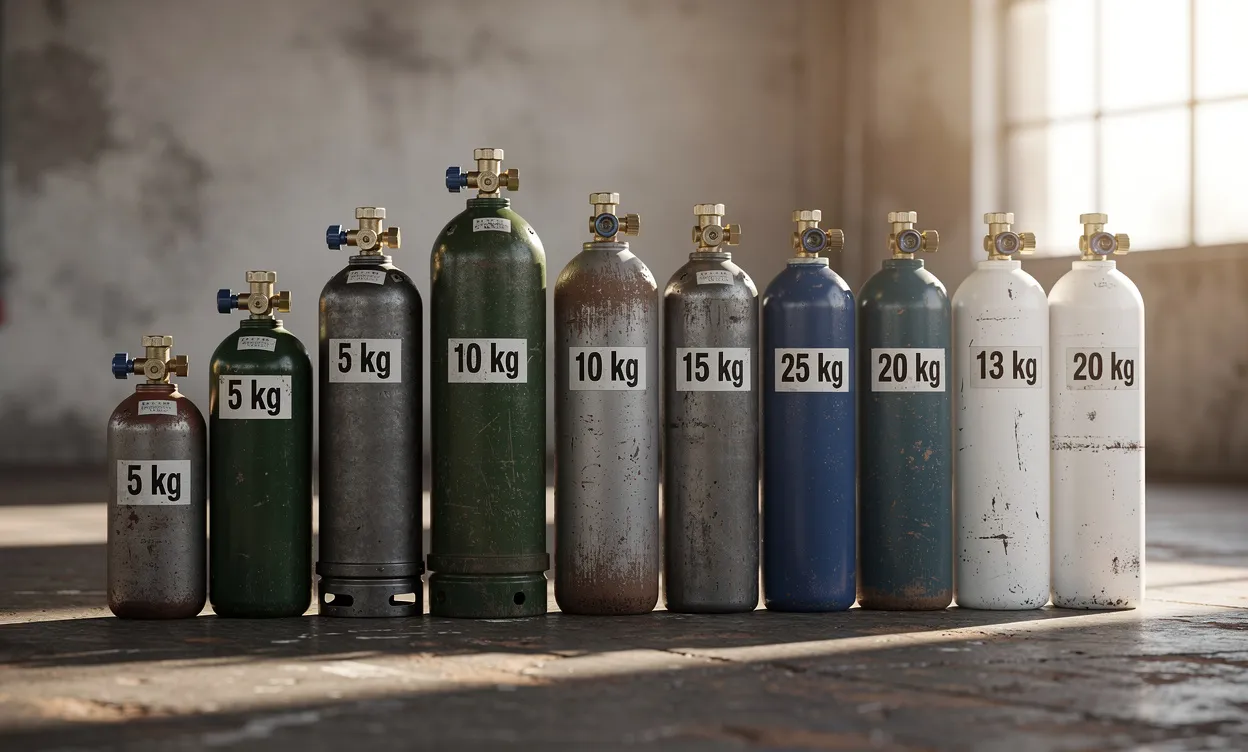Plusieurs bouteilles de gaz de tailles variées alignées sur un sol en béton, chacune portant une étiquette indiquant son poids, sous la lumière du soleil pénétrant par une fenêtre.