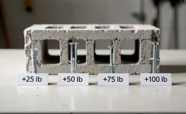 Plusieurs chevilles murales différentes sont alignées devant un parpaing creux, chacune étiquetée selon sa capacité de charge, sur un établi bien rangé.