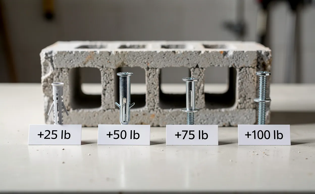 Plusieurs chevilles murales différentes sont alignées devant un parpaing creux, chacune étiquetée selon sa capacité de charge, sur un établi bien rangé.