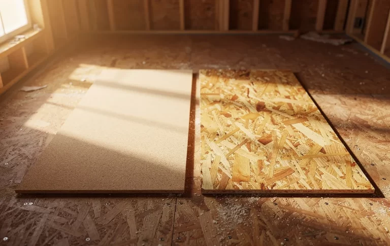 Des plaques de panneaux de particules et d’OSB posées côte à côte sur un sol brut, éclairées par la lumière douce d’une fenêtre.