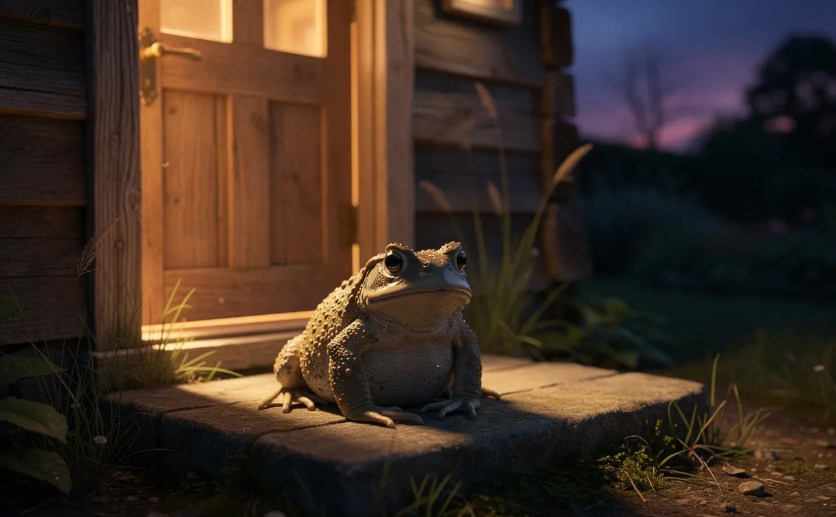 Un crapaud dodu est assis devant la porte d’une maison rustique au crépuscule avec une lumière chaleureuse venant de l’intérieur.
