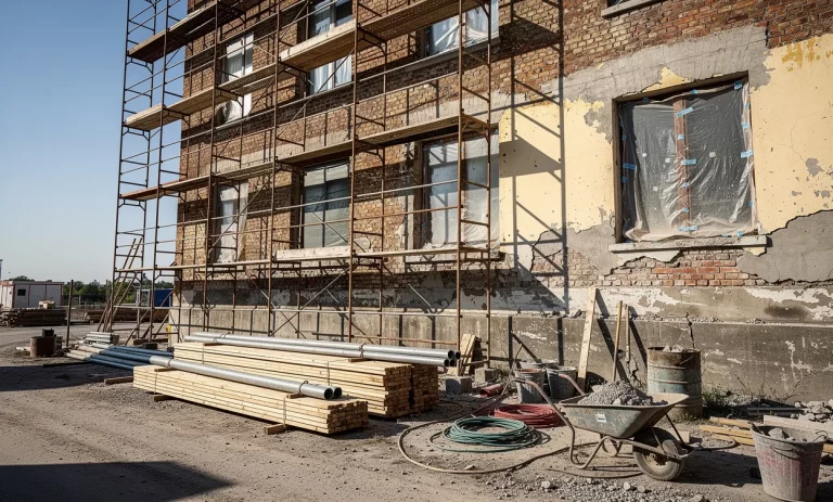 Un échafaudage usé longe un bâtiment en restauration sous un soleil intense, avec des matériaux de construction dispersés projetant de longues ombres.