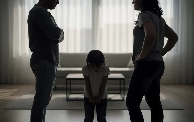 Un enfant se tient entre deux adultes dos à dos dans un salon sobrement éclairé, révélant une tension palpable.