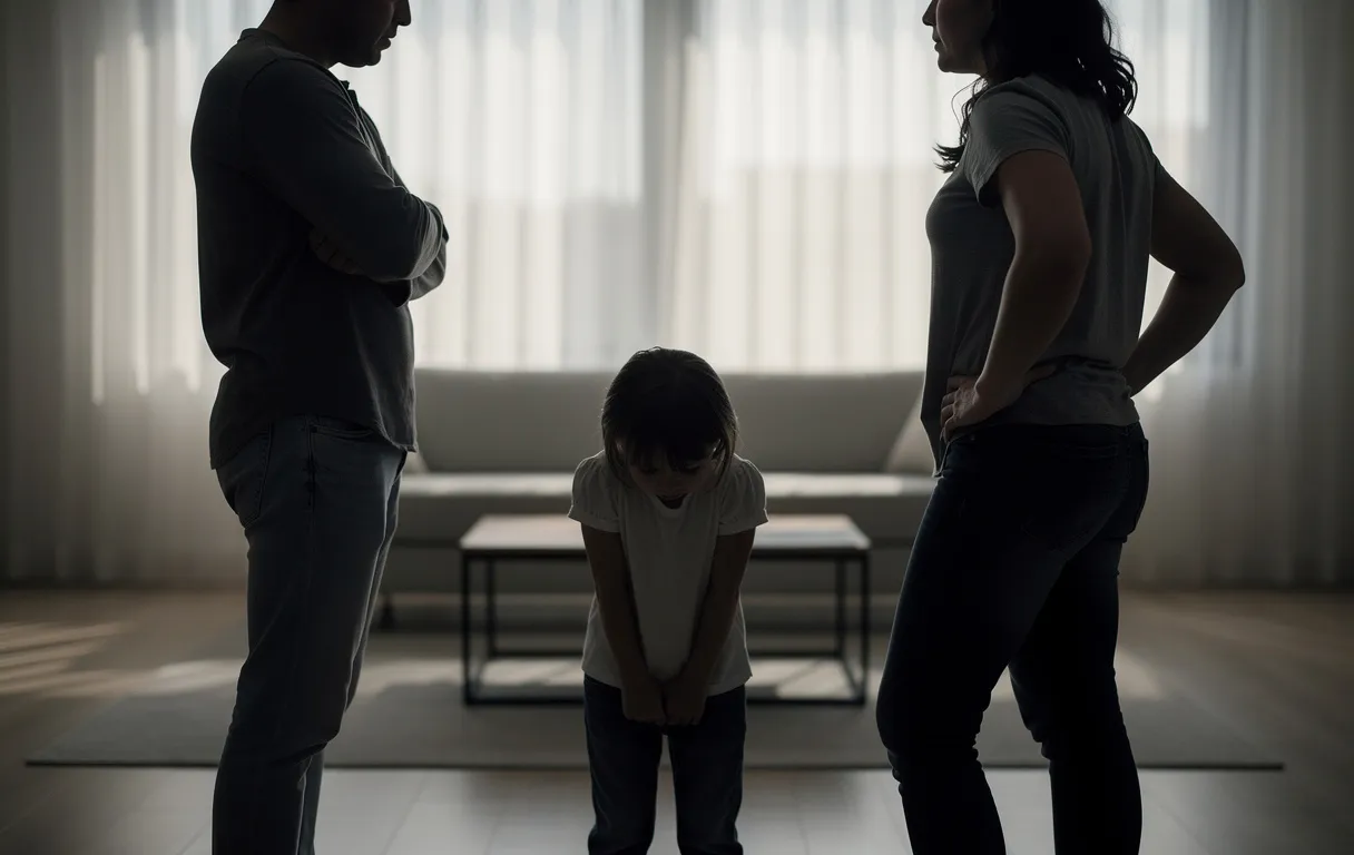 Un enfant se tient entre deux adultes dos à dos dans un salon sobrement éclairé, révélant une tension palpable.