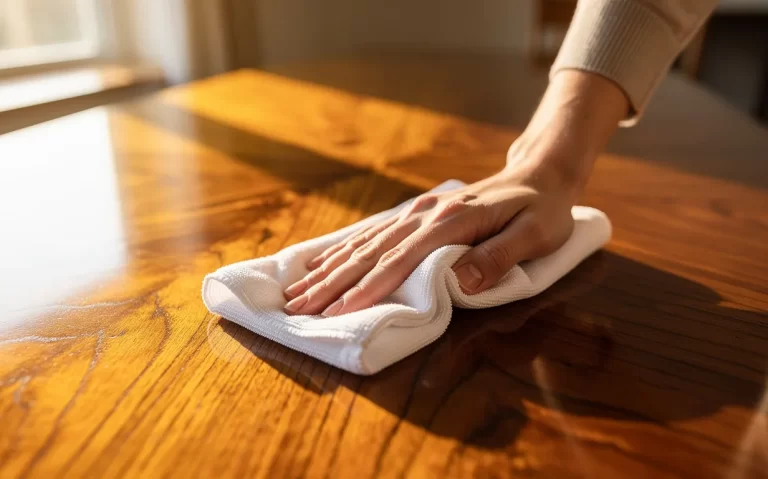 Une personne nettoie délicatement une table en bois aux veines apparentes sous une lumière naturelle chaleureuse.