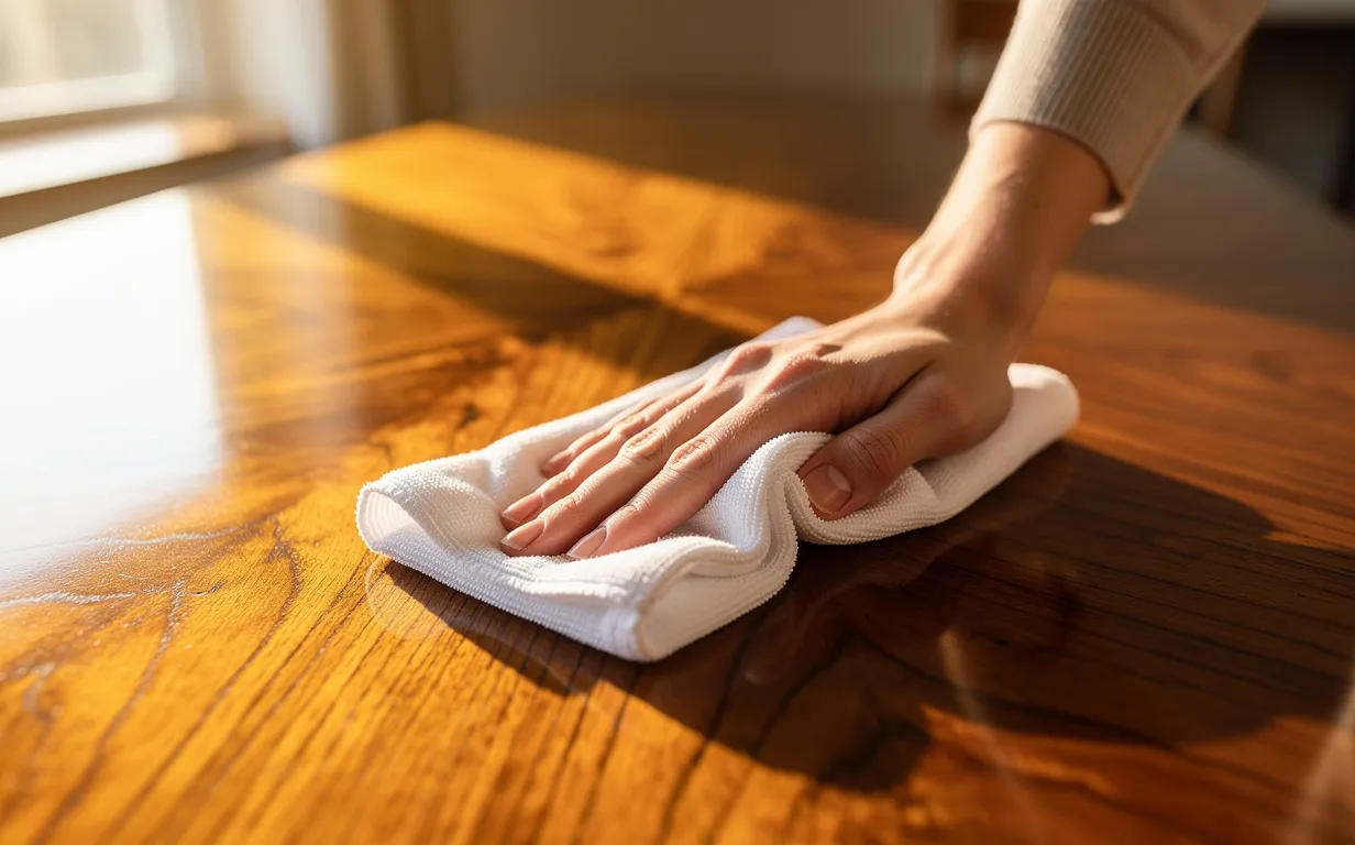 Une personne nettoie délicatement une table en bois aux veines apparentes sous une lumière naturelle chaleureuse.