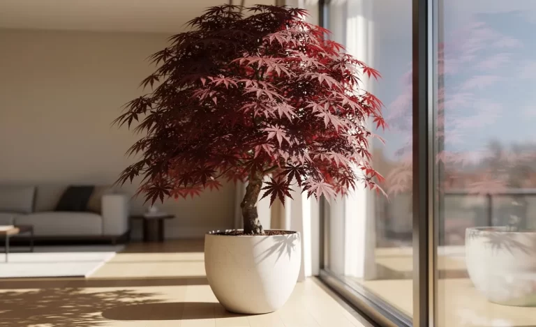 Un érable japonais aux feuilles rouges se tient près d’une grande fenêtre dans un salon moderne baigné de lumière naturelle.