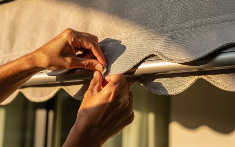 Une personne fixe une cantonnière ondulée sur un auvent de terrasse moderne sous une lumière chaude de l’après-midi.