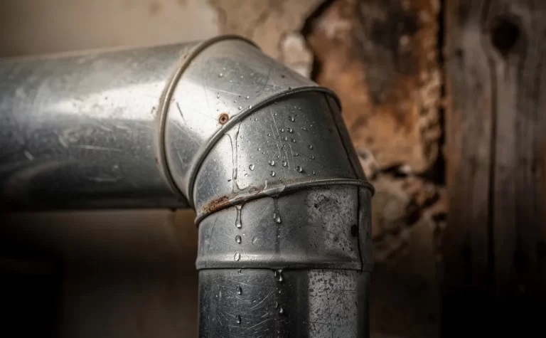 Gros plan sur un tuyau de poêle en métal avec des gouttes d’eau perlantes à une jointure, devant un mur rustique faiblement éclairé.