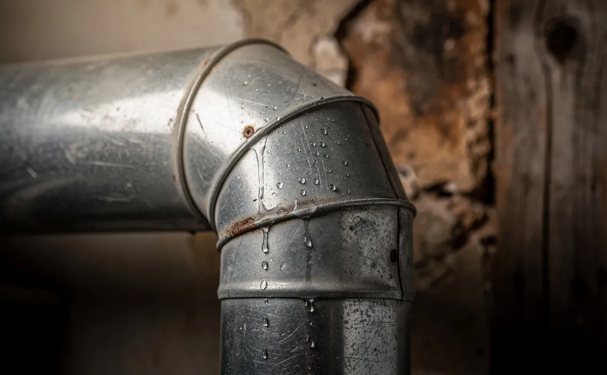 Gros plan sur un tuyau de poêle en métal avec des gouttes d’eau perlantes à une jointure, devant un mur rustique faiblement éclairé.