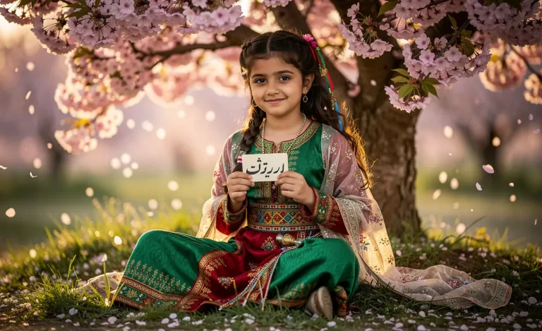 Une jeune fille kurde en habit traditionnel est assise sous un cerisier en fleurs, tenant une carte portant son nom écrit en kurde.