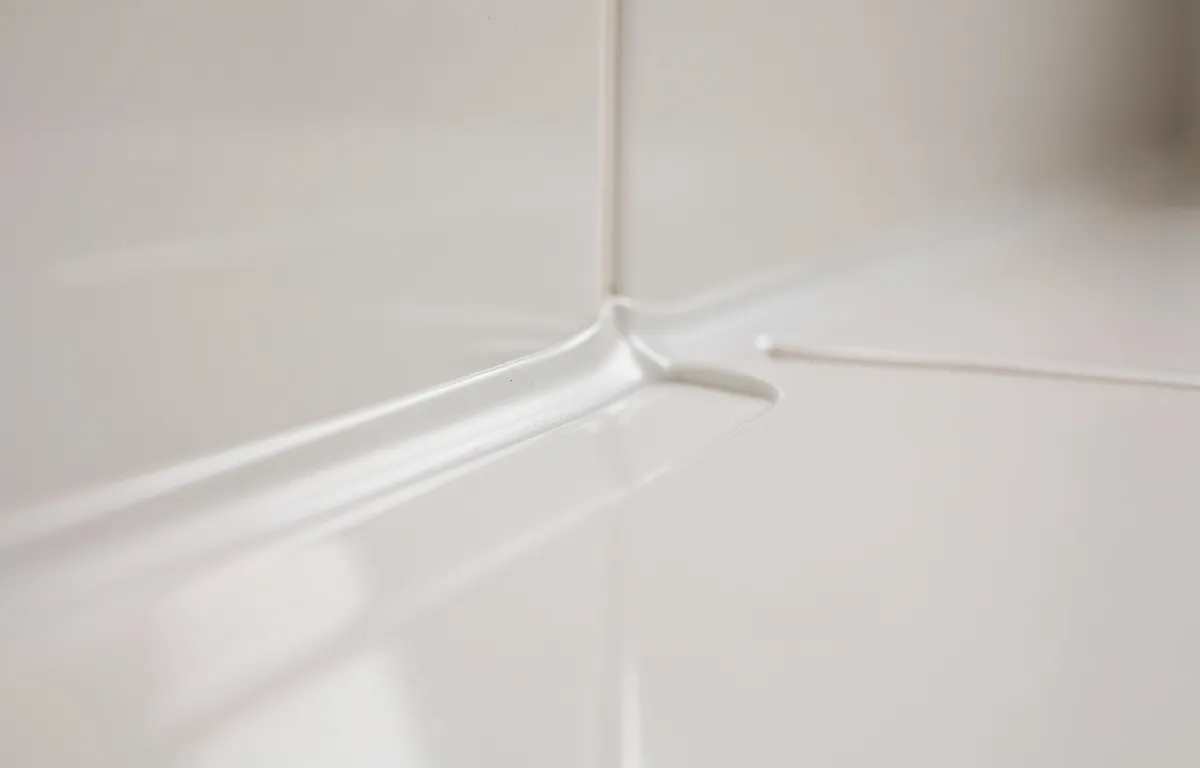 Joint en silicone soigné entre un receveur de douche moderne et des carreaux blancs brillants sous un éclairage doux.
