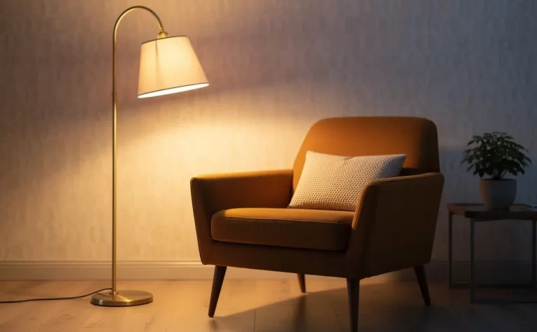 Un lampadaire vintage est placé près d’un fauteuil rétro dans un salon à la lumière tamisée, devant un papier peint discret.