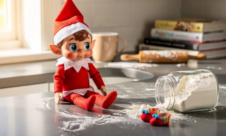 Un lutin malicieux est assis sur un plan de travail de cuisine entouré d’un pot de farine renversé et de petites chaussures faites avec des caissettes à cupcakes.
