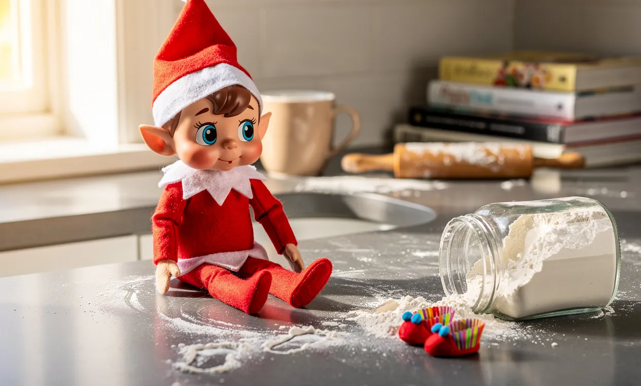 Un lutin malicieux est assis sur un plan de travail de cuisine entouré d’un pot de farine renversé et de petites chaussures faites avec des caissettes à cupcakes.
