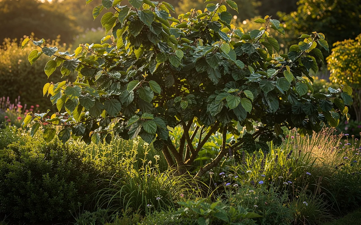 Un mûrier chinois aux larges feuilles pousse vigoureusement parmi des plantes indigènes dans un jardin verdoyant au petit matin.