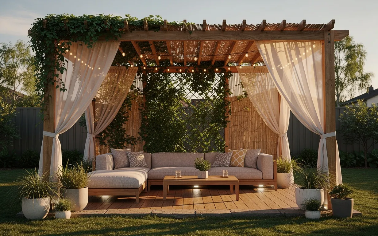 Un jardin ensoleillé avec une pergola ornée de drapés, de plantes grimpantes et de panneaux de bambou, projetant des ombres sur un espace détente extérieur éclairé en soirée.
