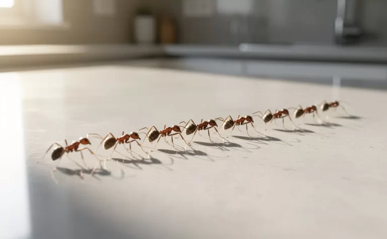 Des fourmis se déplacent en file indienne sur un plan de travail de cuisine éclairé par la lumière du soleil.