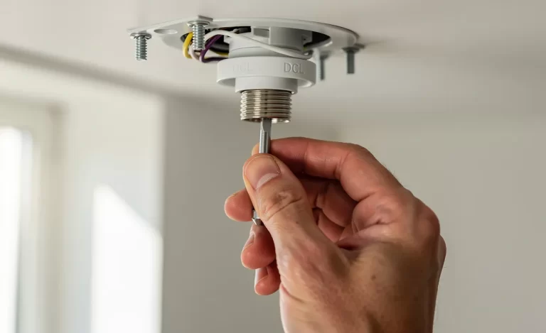 Une main remplace précautionneusement une douille DCL à vis dans un intérieur moderne baigné par une douce lumière du jour.