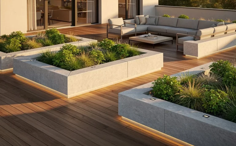 Terrasse moderne en bois avec six murets en pierre, des espaces verts et des assises sous une lumière dorée du soir.