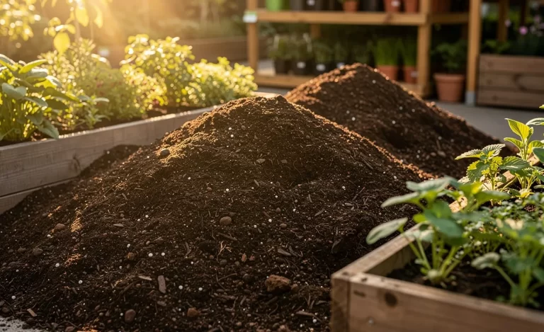 Des tas de terreau meuble sont posés dehors près de jardinières en bois et de feuillage vert sous la lumière du matin.
