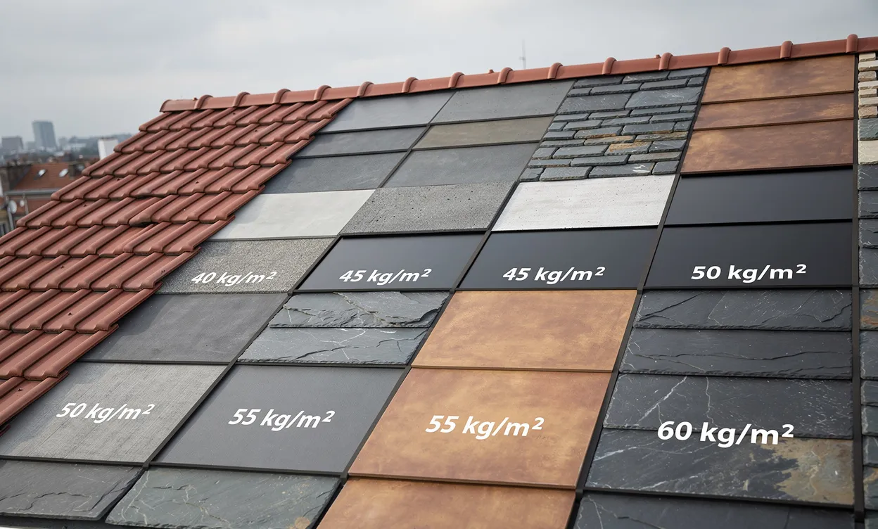Différents types de tuiles de toit soigneusement séparés portent chacun un marquage de poids en kilogrammes par mètre carré, disposés sur une toiture sous un ciel nuageux.