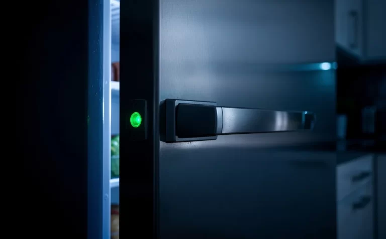 Porte de congélateur moderne entrouverte dans une cuisine faiblement éclairée la nuit, avec un témoin vert éteint près de la poignée et des reflets bleutés sur la surface métallique.