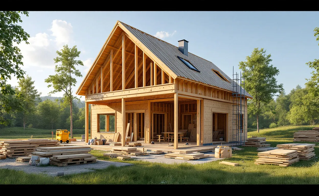 Maison en bois moderne en construction entourée de piles de bois et d’outils, sur un paysage verdoyant sous une lumière douce de fin d’après-midi.