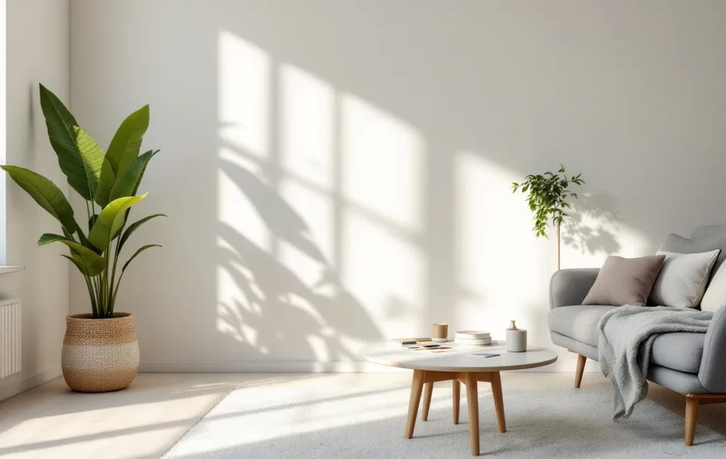 Petit salon moderne aux murs clairs, éclairé par la lumière naturelle d’une fenêtre, avec des échantillons de peinture posés sur la table basse.