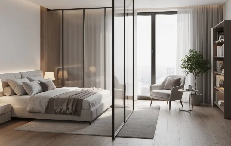 Chambre moderne divisée en deux espaces confortables par une cloison translucide, avec lumière douce provenant d’une grande fenêtre.