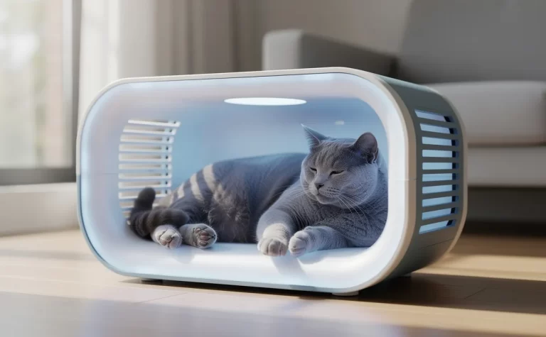 Un chat détendu repose dans une maison rafraîchissante au style moderne, baignée de lumière naturelle.