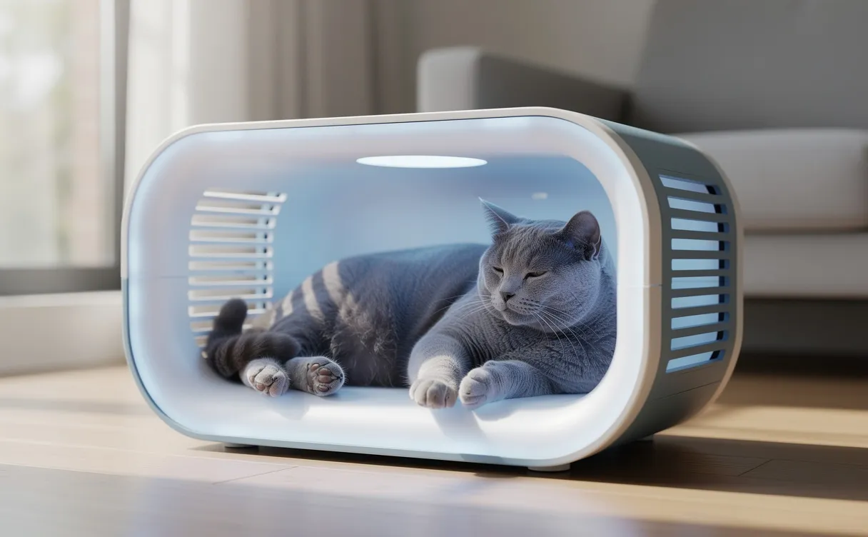 Un chat détendu repose dans une maison rafraîchissante au style moderne, baignée de lumière naturelle.