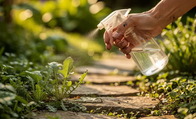 Une personne pulvérise un désherbant naturel artisanal sur des mauvaises herbes entre des pierres de jardin, sous une lumière filtrée par le feuillage.