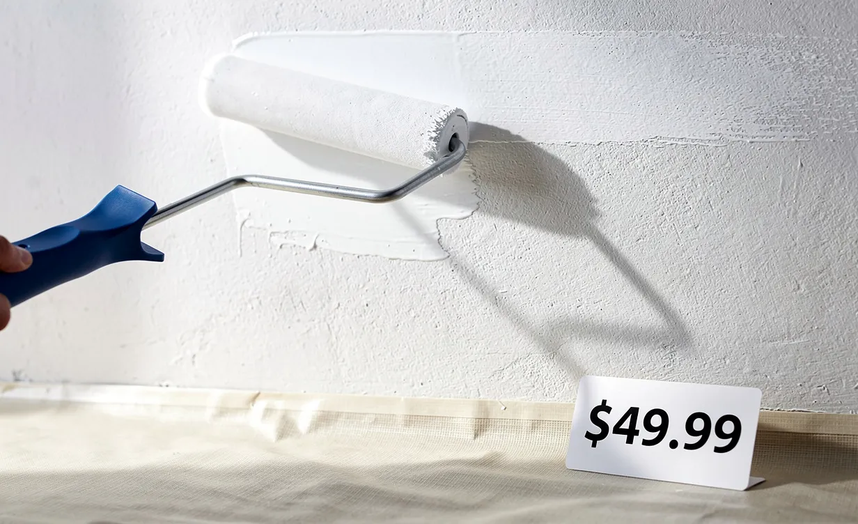 Un rouleau applique une seconde couche de peinture blanche sur un mur fraîchement peint, à côté d'une étiquette de prix posée sur une bâche de protection.