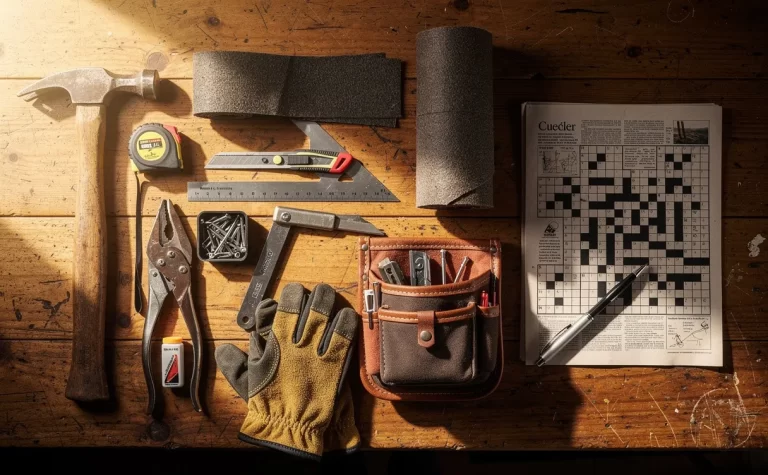Trousse à outils de couvreur posée sur du bois à côté d’une grille de mots croisés partiellement remplie, sous une lumière naturelle.