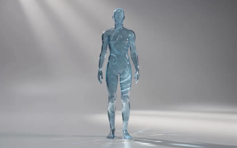 Silhouette humaine transparente remplie d’eau bleue en mouvement, éclairée dans un studio minimaliste avec des reflets lumineux.