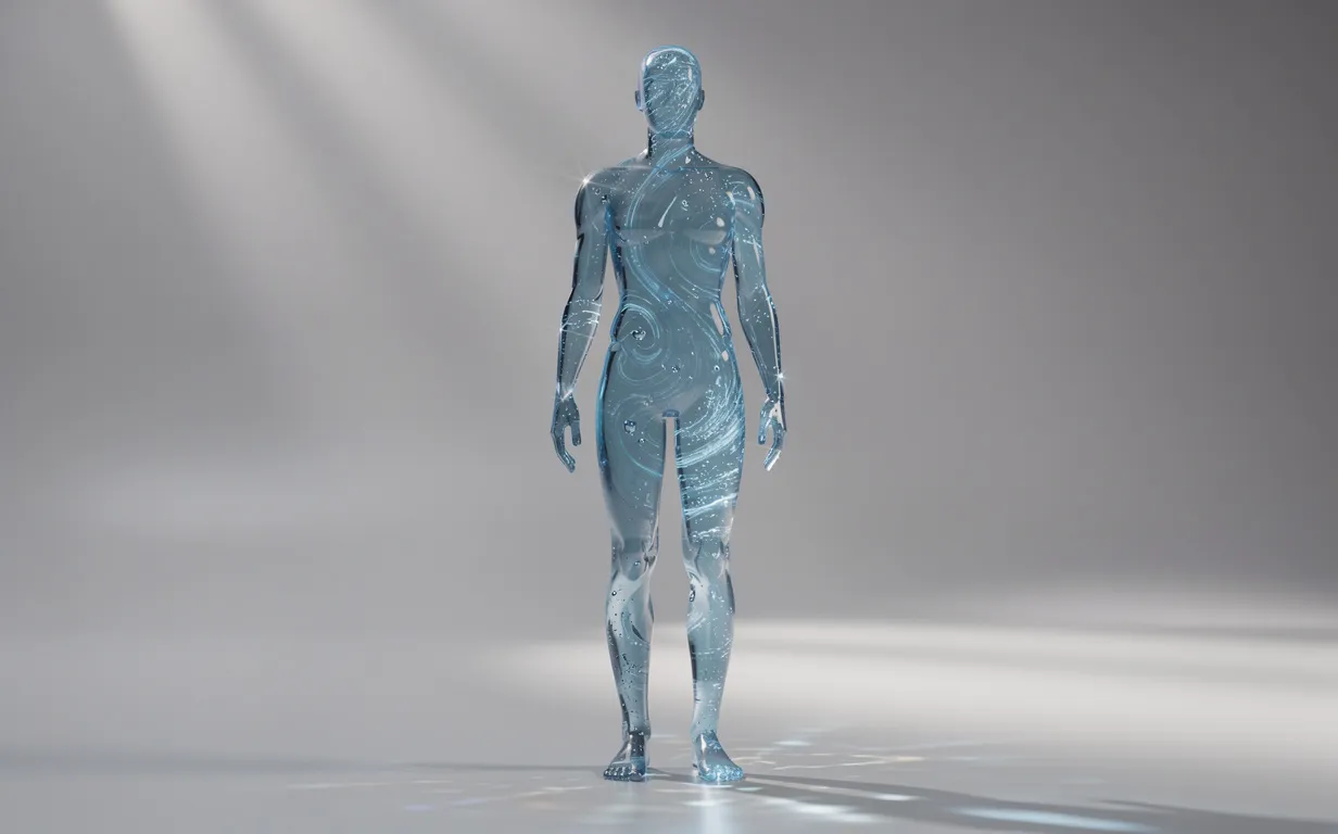 Silhouette humaine transparente remplie d’eau bleue en mouvement, éclairée dans un studio minimaliste avec des reflets lumineux.