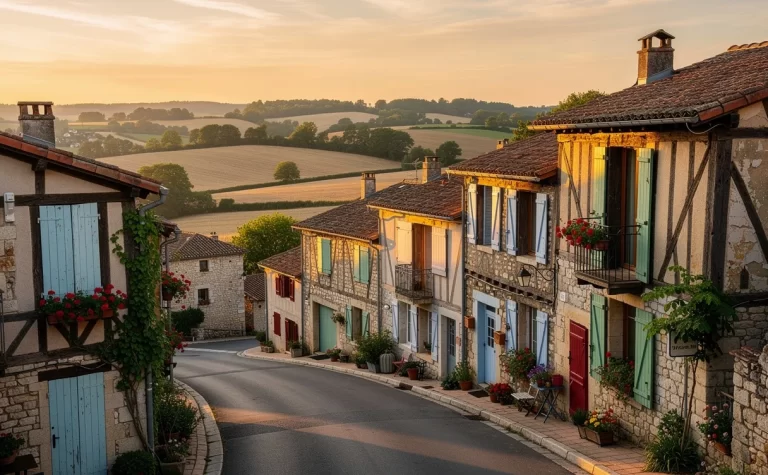 Un village français avec des maisons traditionnelles en pierre et à colombages, aux volets colorés, entouré de campagne verdoyante sous un coucher de soleil doré.