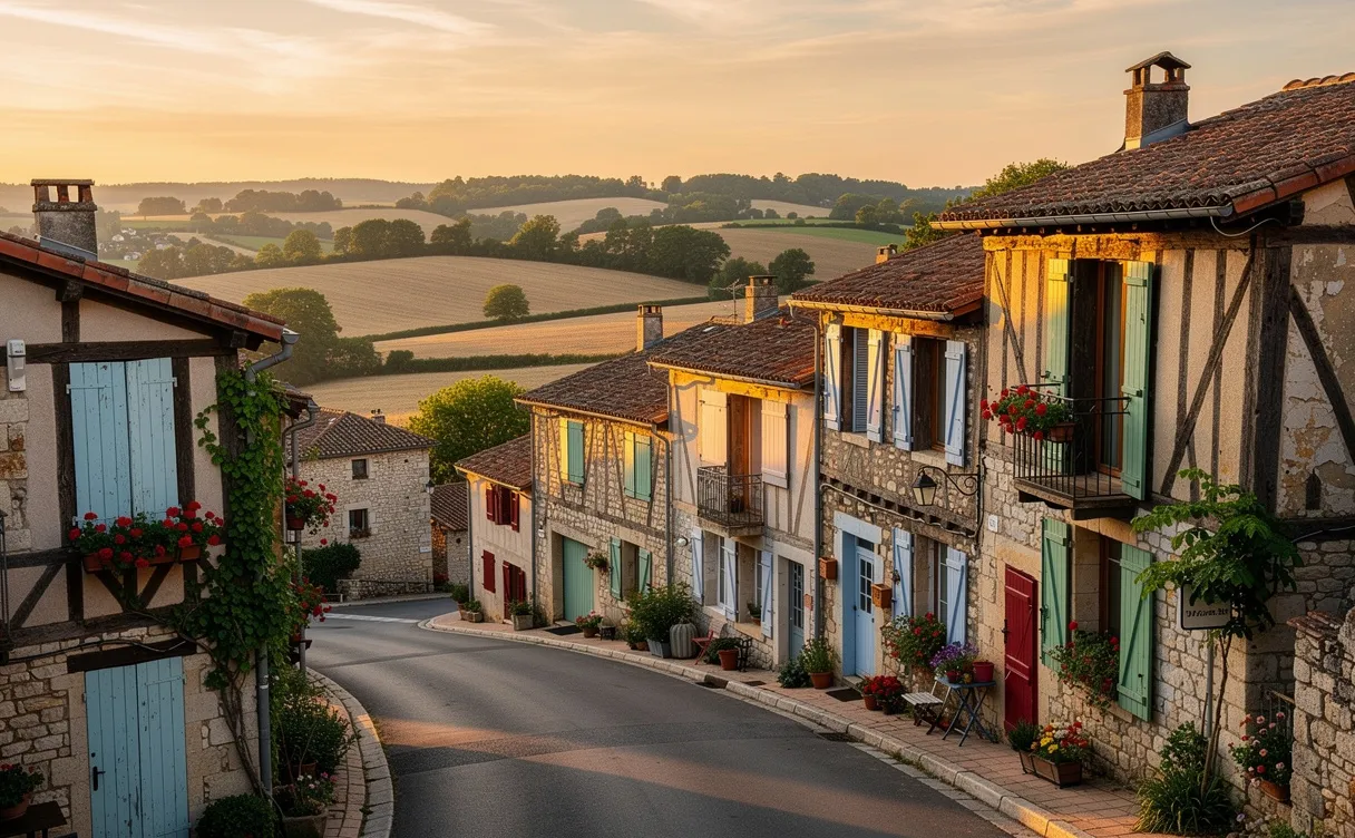 Un village français avec des maisons traditionnelles en pierre et à colombages, aux volets colorés, entouré de campagne verdoyante sous un coucher de soleil doré.