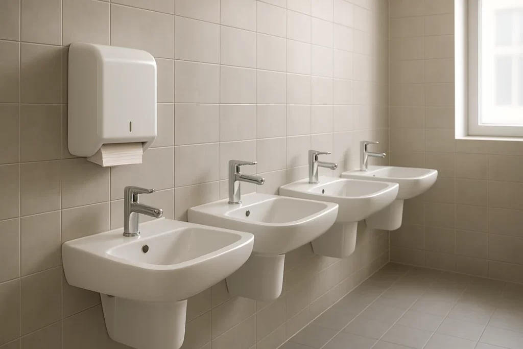 Sanitaires d'entreprise propres avec une rangée de lavabos et un distributeur mural d'essuie-mains pliés